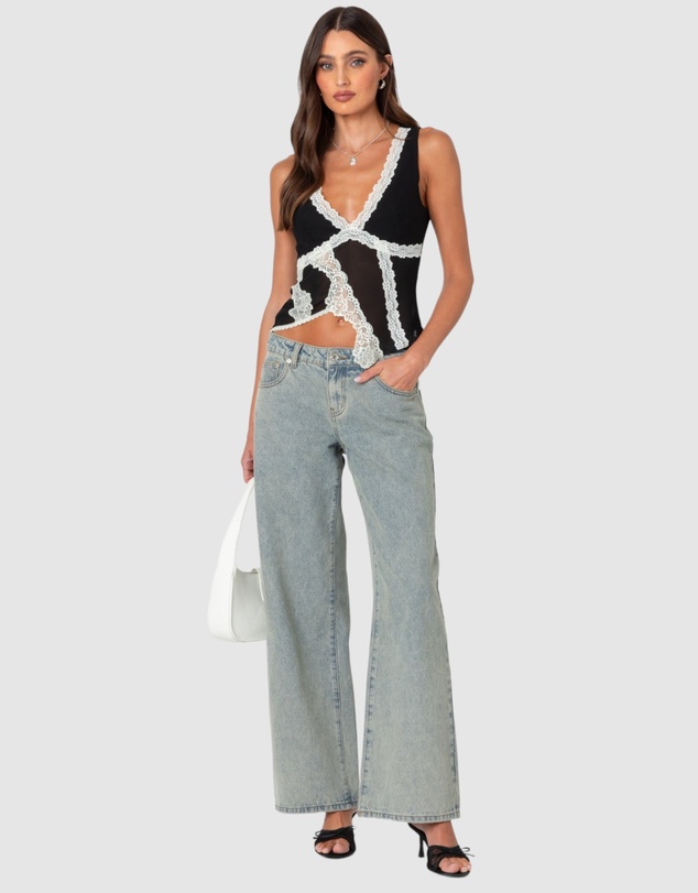 EDIKTED - Chiffon & Lace Sheer Asymmetric Top