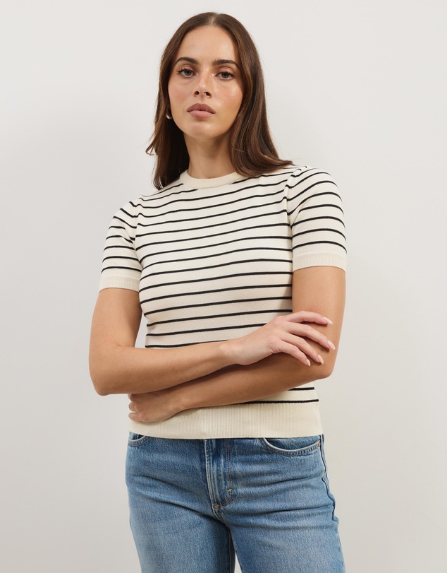 Atmos&Here - Short Sleeve Fine Knit Stripe Top