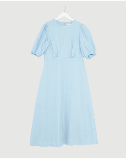Revibe - Repaired AERE Elowen Linen Puff Sleeve Midi Dress - AU 14