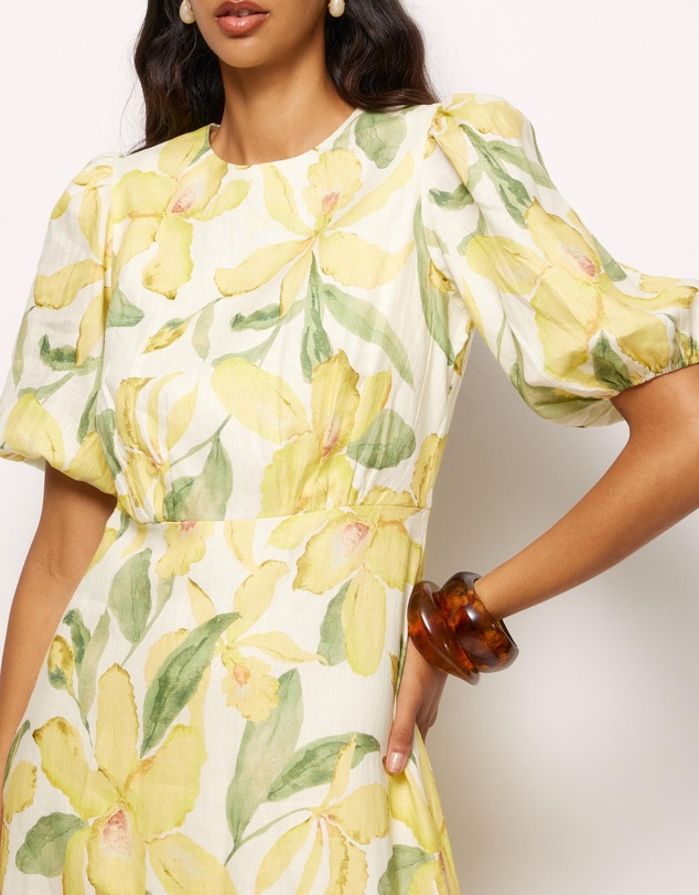 AERE - Clea Linen Puff Sleeve Midi Dress