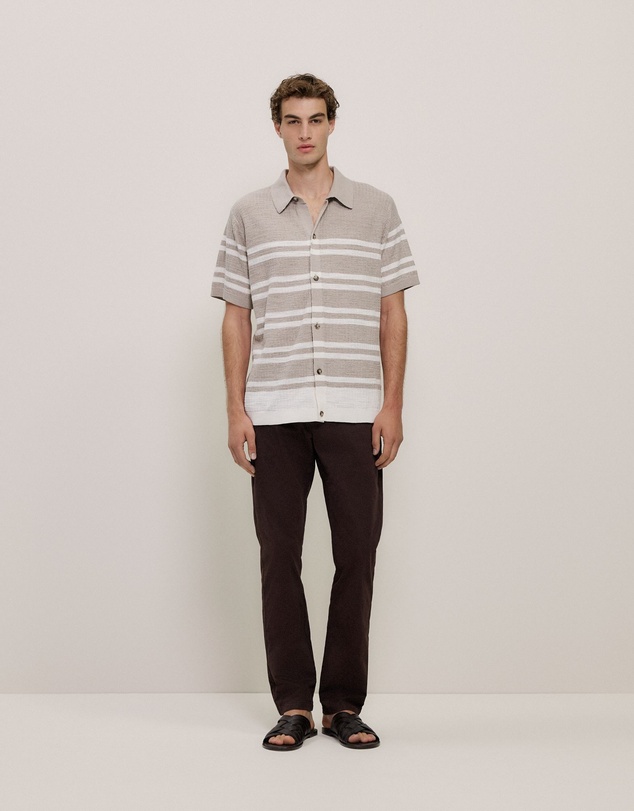 Trenery - Cotton Linen Stripe Knit Shirt in Stone