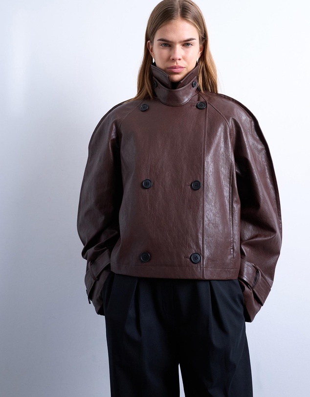 TOPSHOP - Faux Leather Ovoid Sleeve Short Trench Jacket