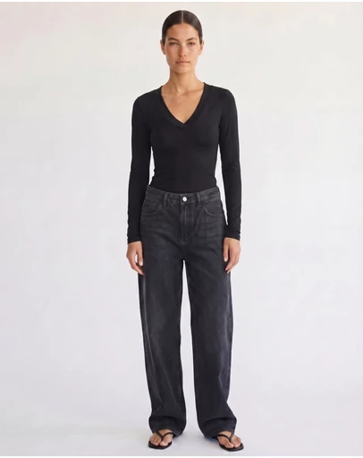 Style Addict - Margaux Deep V Henley Top - Black