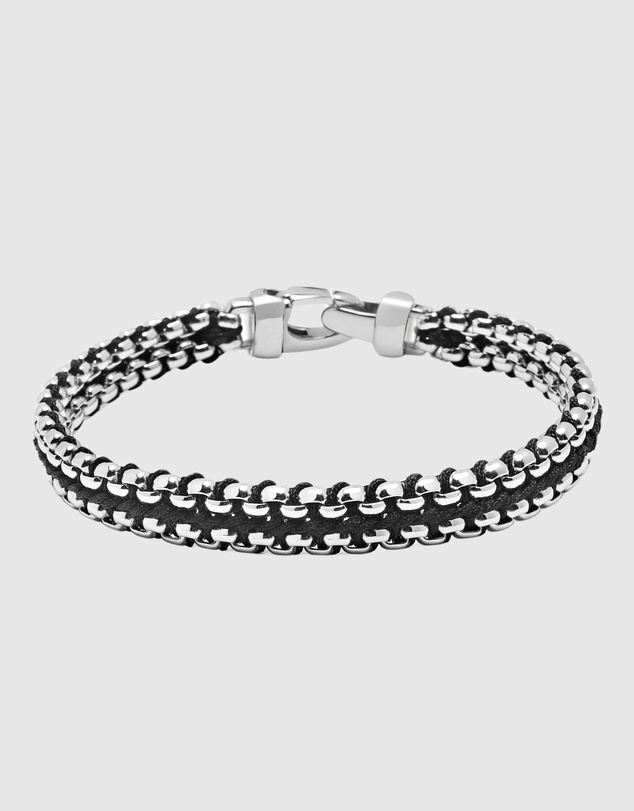 Nialaya Jewellery - Black Woven 8mm Box Chain Bracelet in Silver