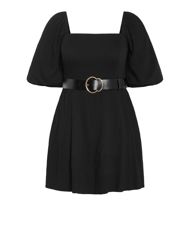 City Chic - Plus size Collins Puff Sleeve Belted Mini Dress - black