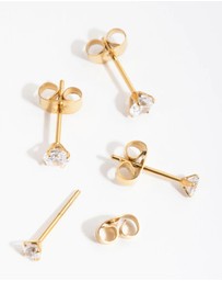 Lovisa - 24 Carat Gold Plated Surgical Steel Round Cubic Zirconia Pack Stud Earrings