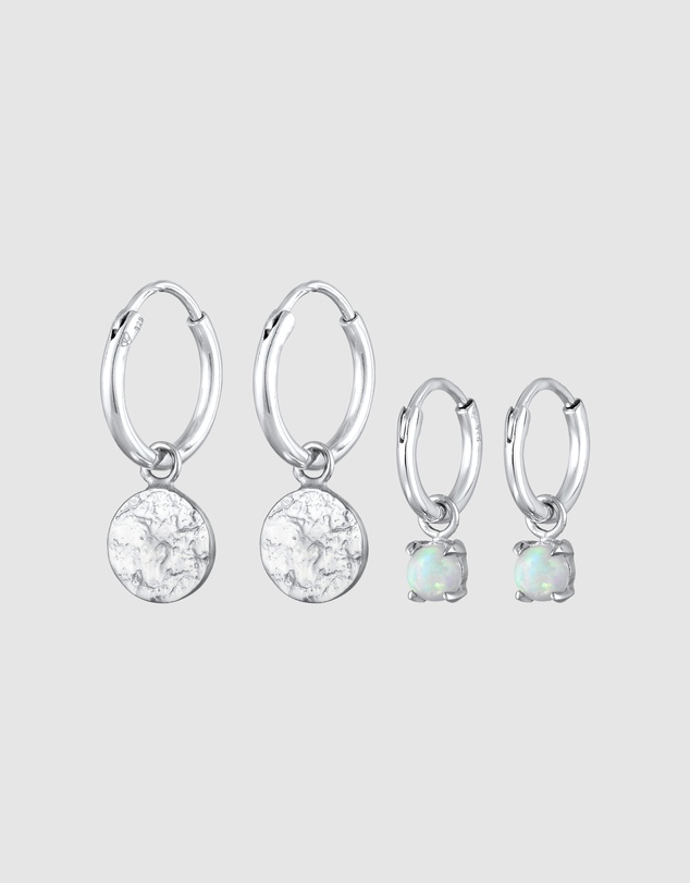 Elli Jewelry - Earrings Creoles Platelet Set Of 2 With Opal in 925 Sterling Silver