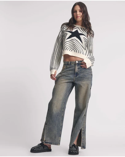 ONE TEASPOON - Billie Mid Waist Long Rise Straight Leg Denim Jeans - Old Blue
