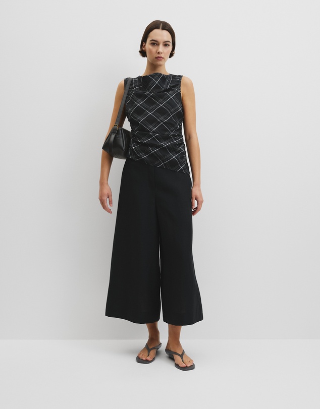 Country Road - Organically Grown Linen Check Ruched Linen Tank