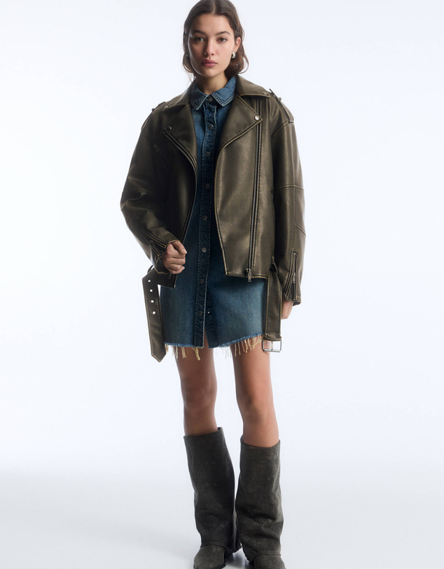 Pull&Bear - Distressed Faux Leather Biker Jacket