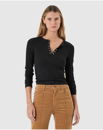 Rolla's - Studio Henley Long Sleeve Top - Black