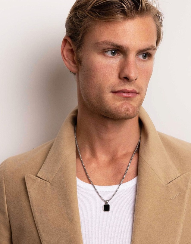 Nialaya Jewellery - Men's Necklace with Square Matte Onyx Pendant