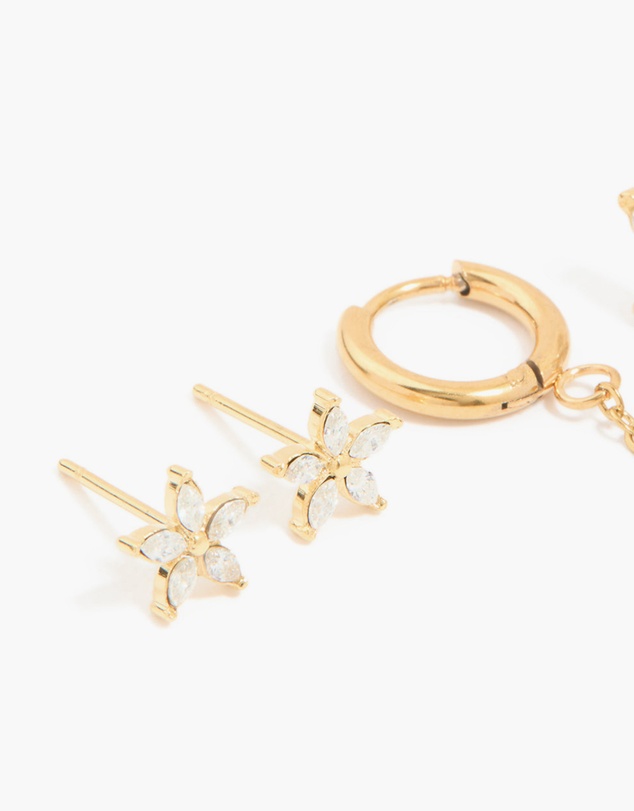 Lovisa - Waterproof Gold Plated Stainless Steel Cubic Zirconia Flower Hoop Chain & Flower Ear Stackers 2-Pack