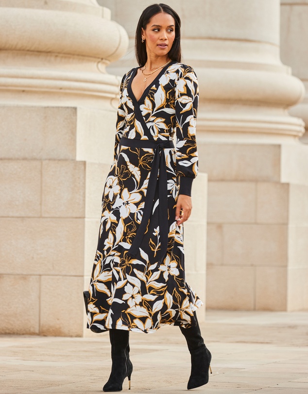 Sosandar - Floral Print Contrast Trim Midi Wrap Dress
