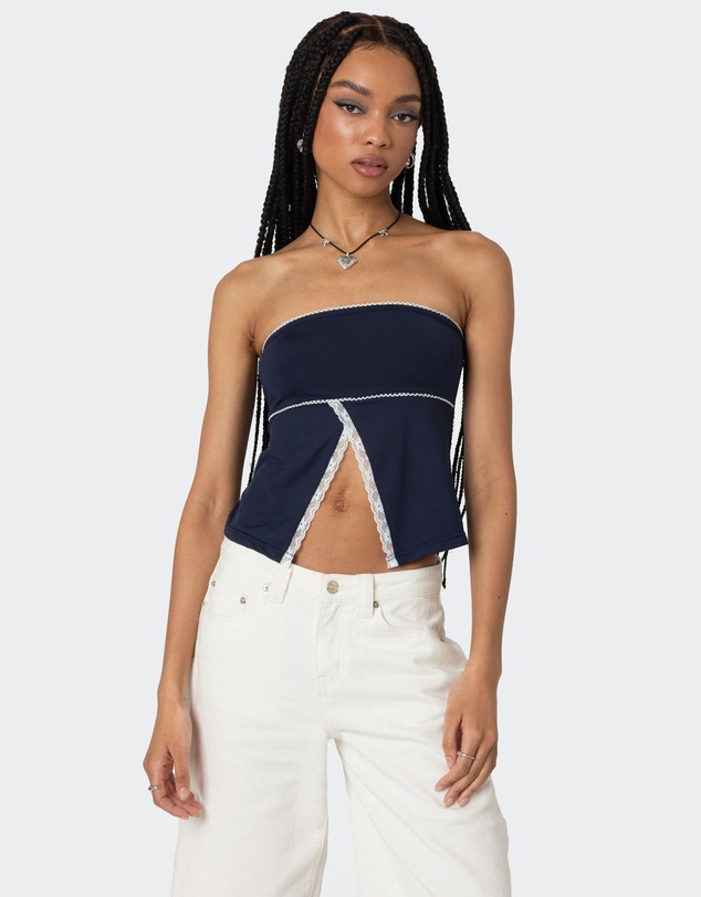 EDIKTED - Lace Trim Split Front Tube Top