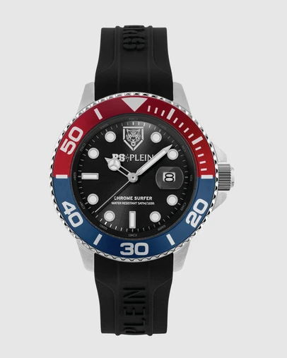 Plein Sport - Plein Sport Chrome Surfer 43mm Black Dial Black Silicone Strap Watch