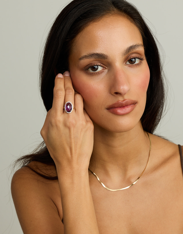 Michael Hill - Oval Amethyst & 0.35 Carat TW Diamond Halo Ring in 10kt Yellow Gold with Rhodium