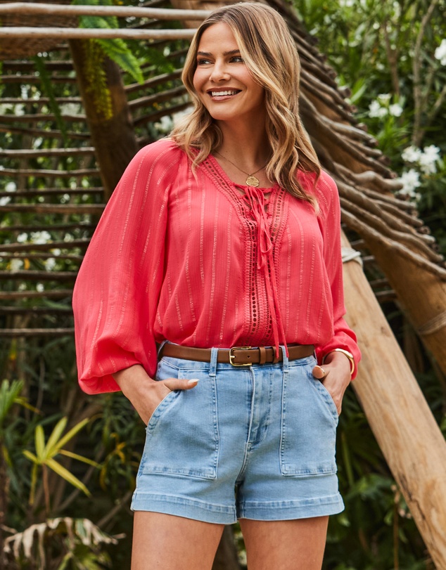 Sosandar - Metallic Blouson Sleeve Lace Up Blouse