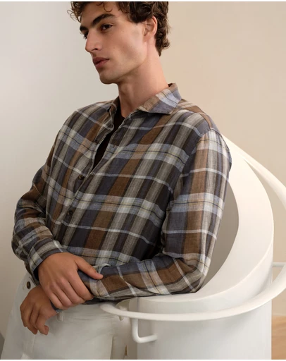 Trenery - Tailored Fit Delave Linen Check Shirt in Cocoa