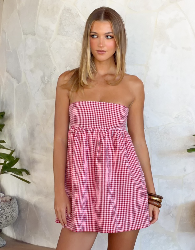 Beginning Boutique - Berrie Red Gingham Strapless Mini Dress