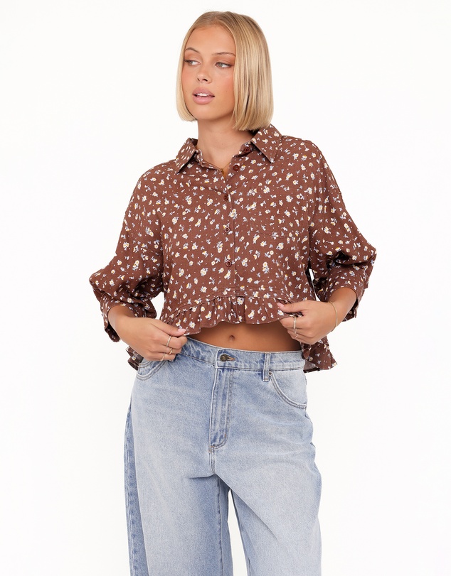 Petal & Pup - Ashe Cropped Button Up Top - Brown Floral
