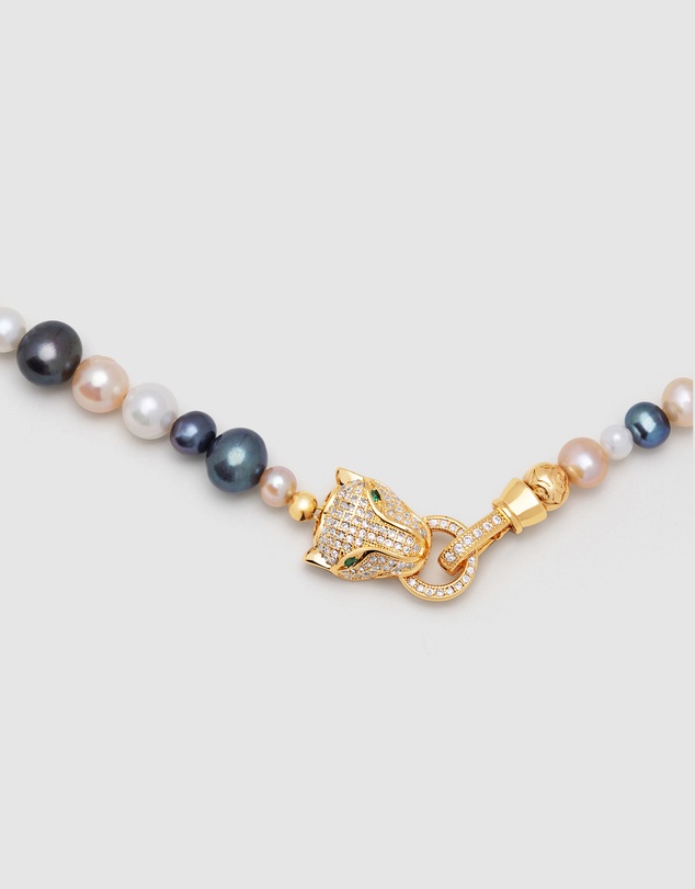 Nialaya Jewellery - Multi-Colored Pearl Necklace with Gold Plated Panther Head Lock