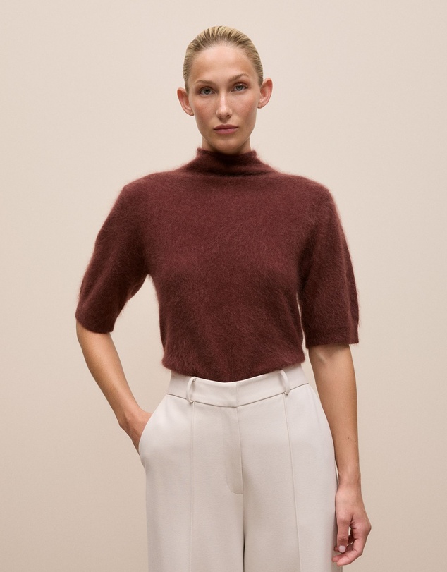 Trenery - Brushed Cashmere Mock Neck T-shirt in Espresso