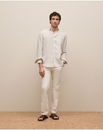 Trenery - Regular Fit Linen Micro Check Long Sleeve Shirt in Stone