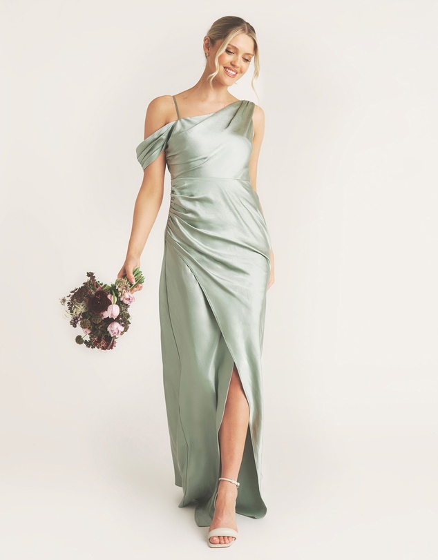 Six Stories - Asymmetrical Bardot Strap Satin Bridesmaid Dress