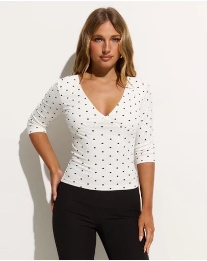 Dazie - Cherry 3/4 Sleeve V-Neck Polka Top