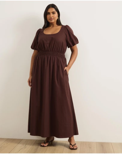 Atmos&Here Curvy - Linen Blend Puff Sleeve Maxi Dress