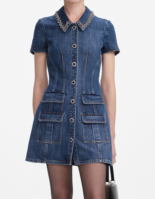 Self Portrait - Denim Crystal Trim Collared Mini Dress