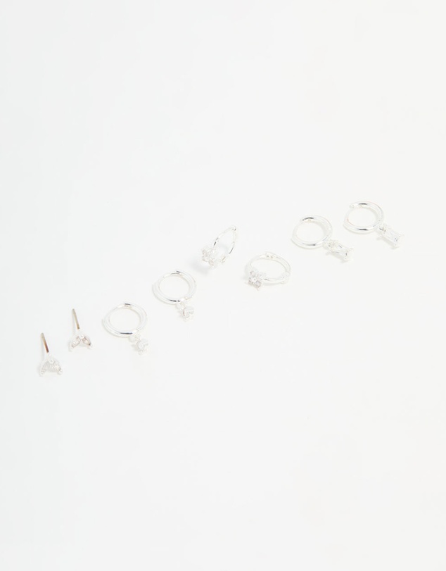 Lovisa - Silver Plated Brass Diamante Baguette Flower Hoop & Stud Earrings 4-Pack