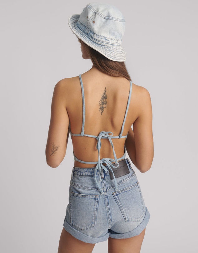 ONE TEASPOON - Denim Flower Backless Crop Top - Cloudy Blue