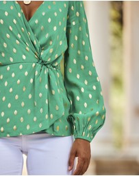 Sosandar - Metallic Fleck Print Blouson Sleeve Knot Front Top