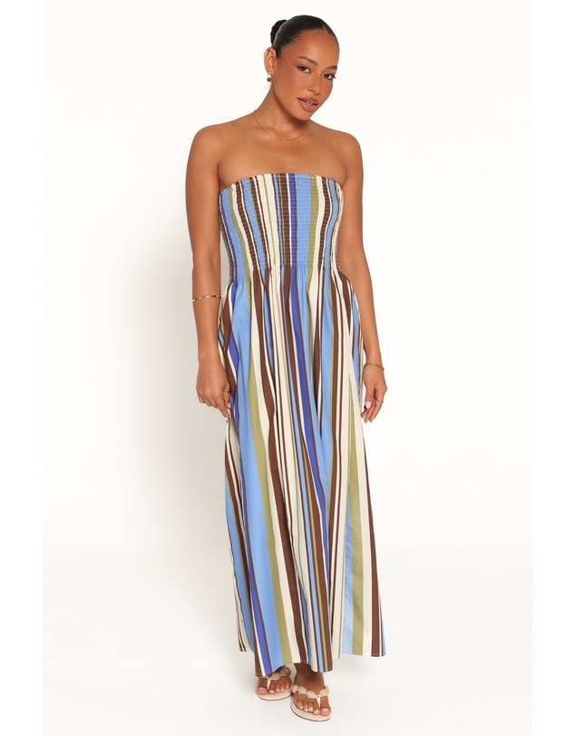 Petal & Pup - Nella Strapless Maxi Dress - Blue/Khaki Stripe
