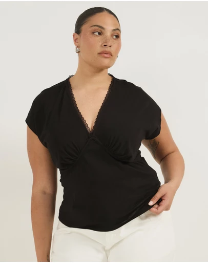 Atmos&Here Curvy - Rachel V-Neck Lace Trim T-Shirt