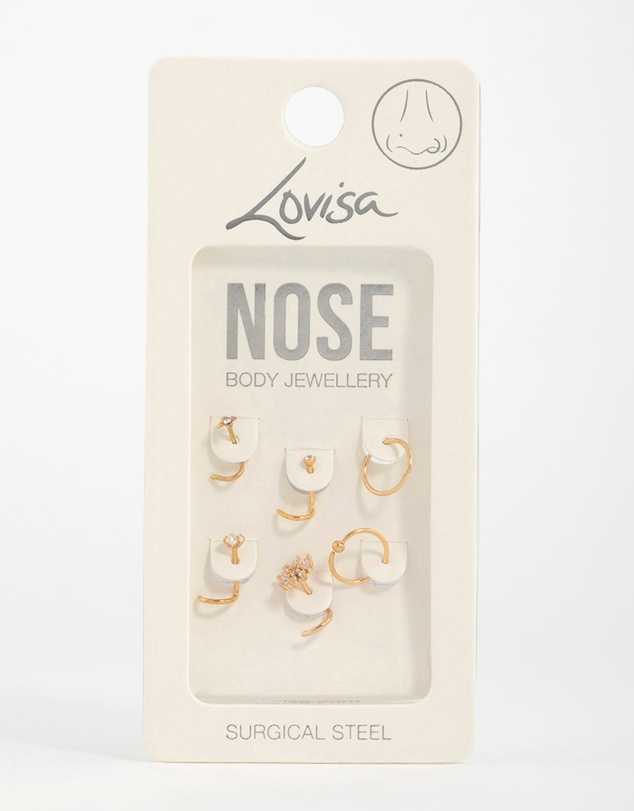 Lovisa - Gold Plated Surgical Steel Cubic Zirconia Flower Nose Ring & Stud 6-Pack