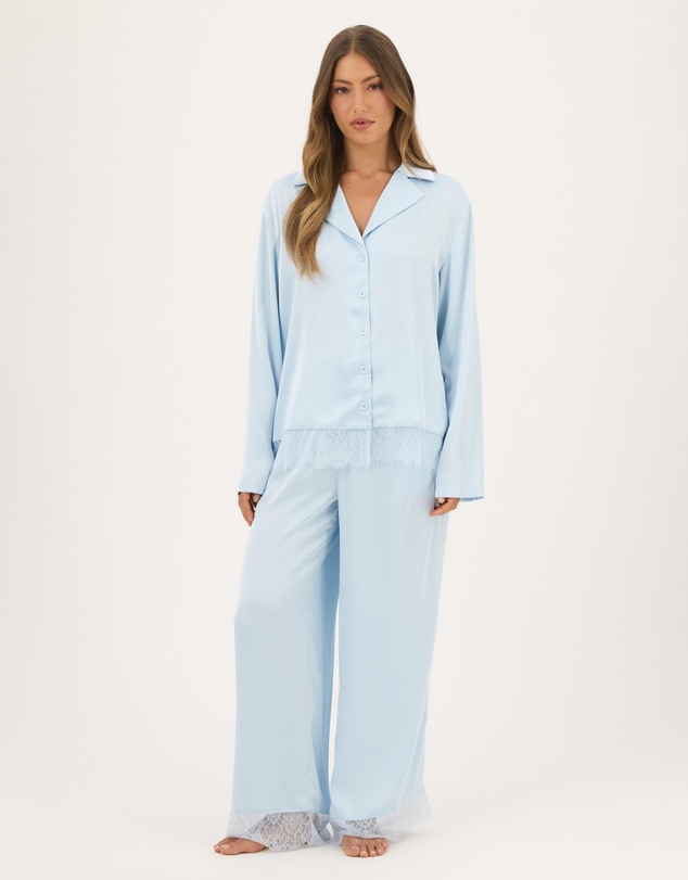 Atmos&Here - Pearl Lace Trim Long Sleeve Satin Pyjama Set