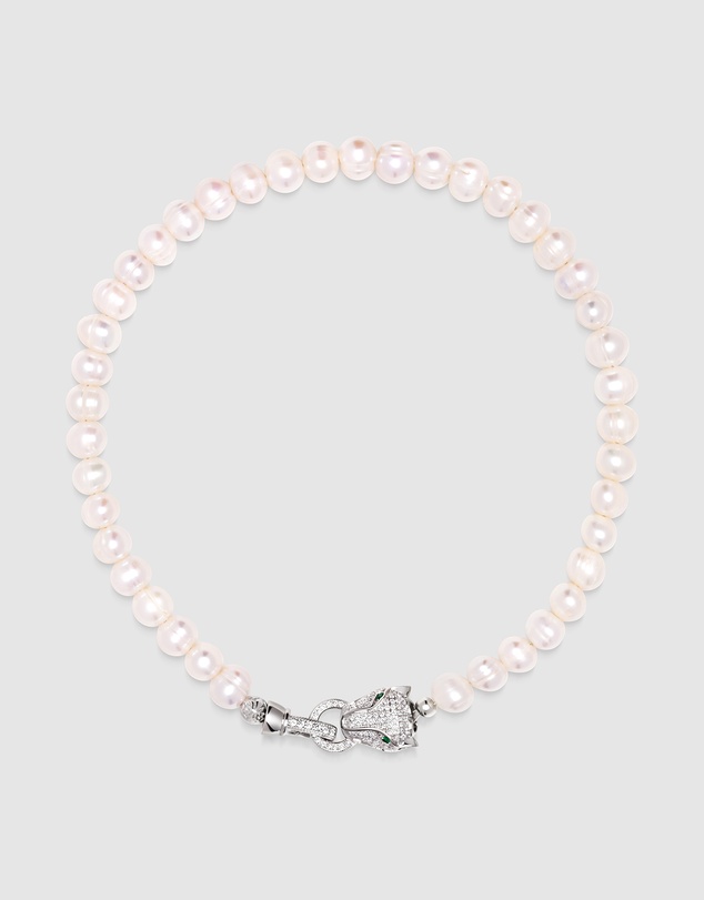 Nialaya Jewellery - Women's Pearl Choker with Silver Panther Head