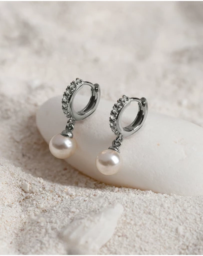 Wanderlust + Co - Pave Pearl Silver Drop 7mm Baby Huggie Earrings