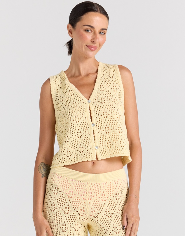 Poolside Paradiso - Messina Crochet V Knit Button Up Top - Lemon