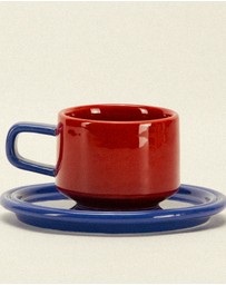 Dennis Did It - Spill the Tea Cup and Saucer Red and Blue