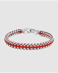 Nialaya Jewellery - Men's Red Woven 8mm Box Chain Bracelet in Silver