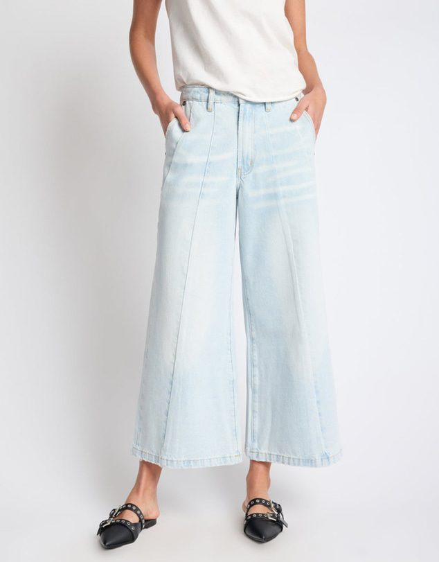 ONE TEASPOON - Hayden Mid Waist Wide Leg Cropped Denim Jeans - Bel Air Blue