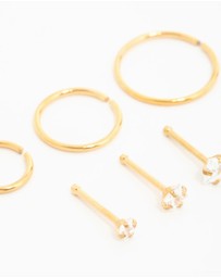 Lovisa - Gold Plated Surgical Steel Cubic Zirconia Stud & Hoop Nose Piercings 6-Pack