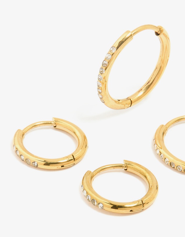 Lovisa - Waterproof Gold Plated Stainless Steel Cubic Zirconia Clicker Hoops 3-Pack