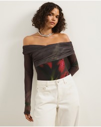 Atmos&Here - Ophelia Cross Off Shoulder Mesh Long Sleeve Top