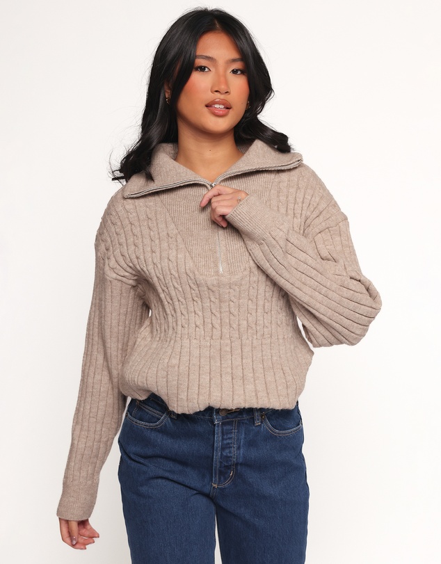 Petal & Pup - Anais Quarter Zip Knit Sweater - Beige
