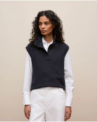 Trenery - Cotton Cashmere Sleeveless Button Neck Knit in Night Sky